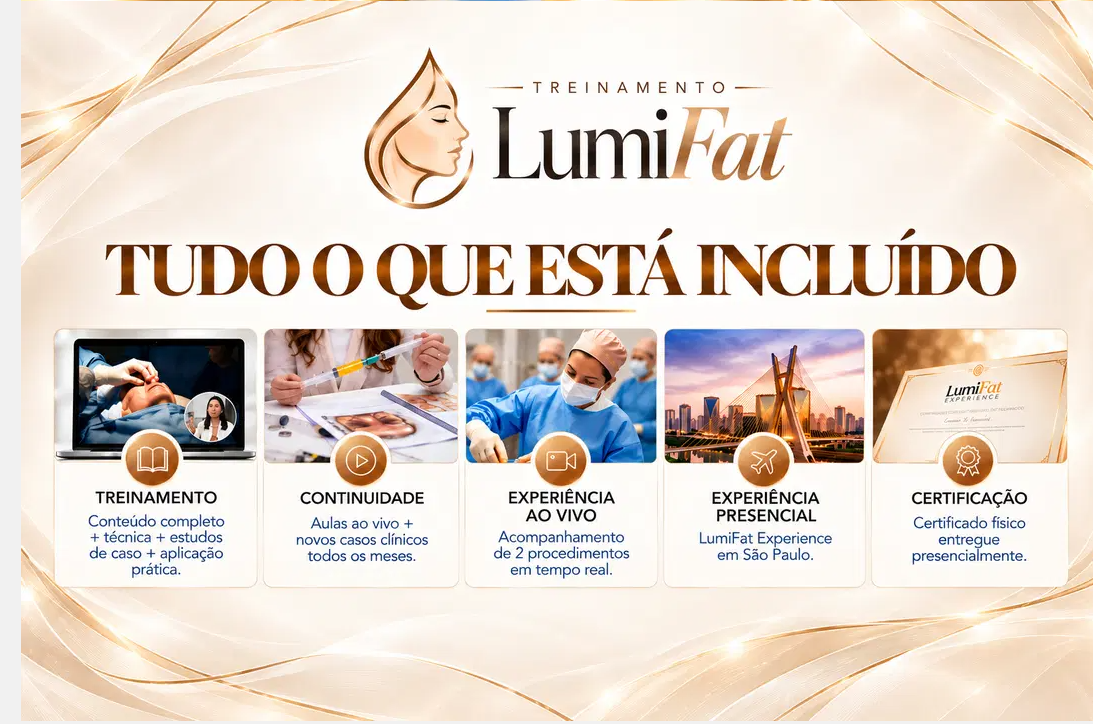 Tudo o que está incluído no LumiFat: treinamento, continuidade, experiência ao vivo, experiência presencial e certificação
